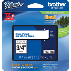 Brother TZe243 Laminated Tape for P-Touch Labelers (Blue on White, 0.7" x 26.2')