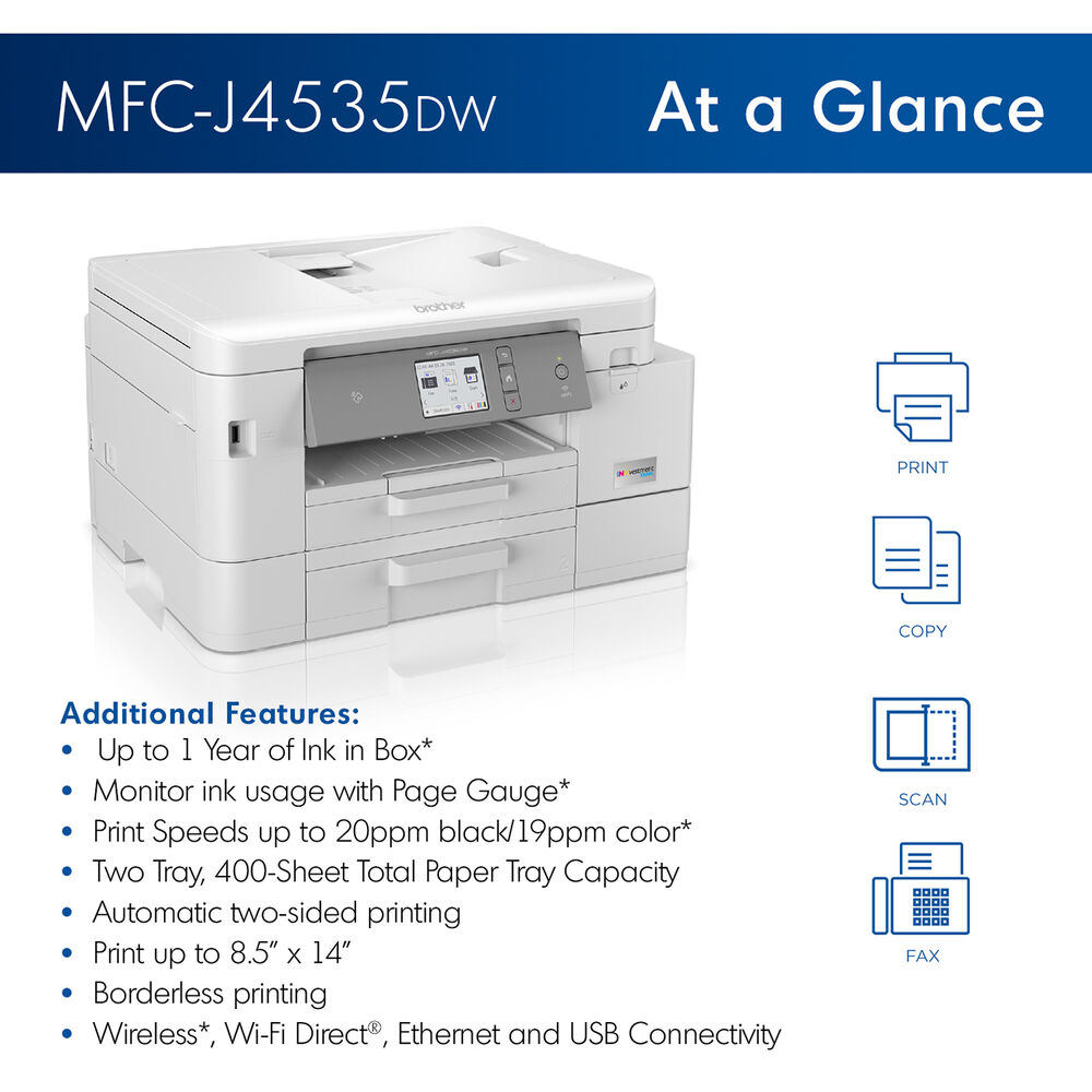 Brother MFC-J4535DW INKvestment Tank All-in-One Color Inkjet Printer