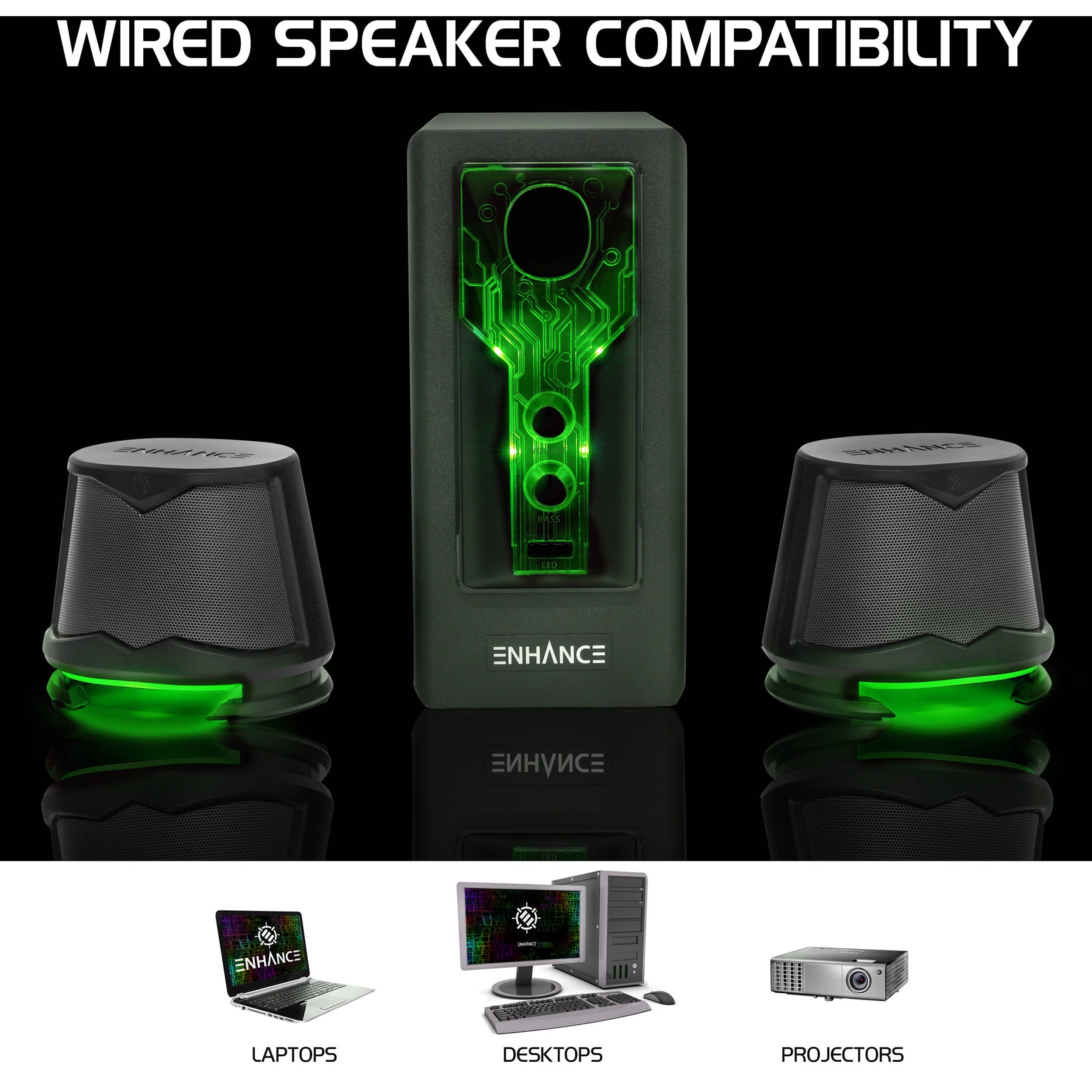 Enhance SB 2.1 Computer Speakers with Subwoofer (Green LED)