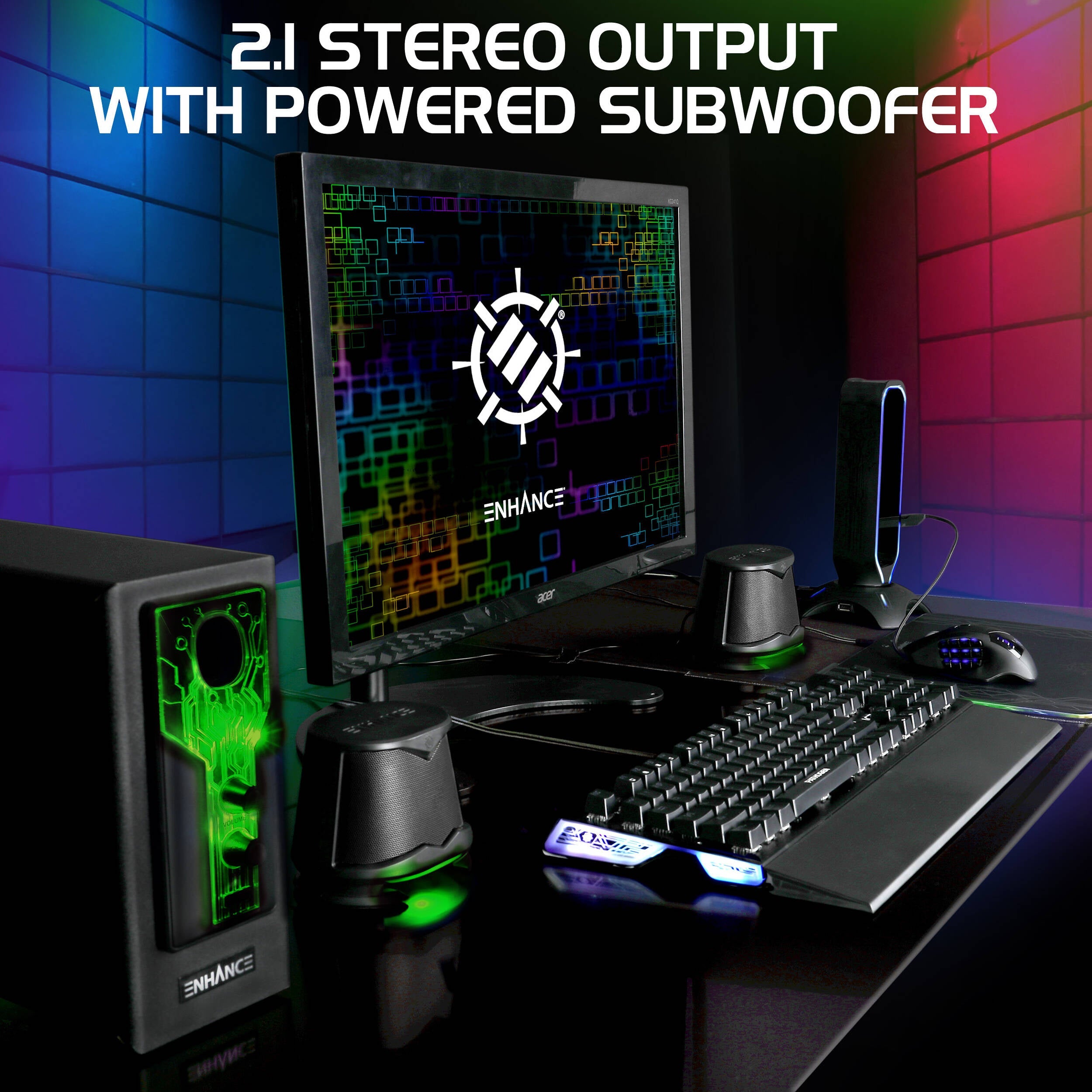 Enhance SB 2.1 Computer Speakers with Subwoofer (Green LED)