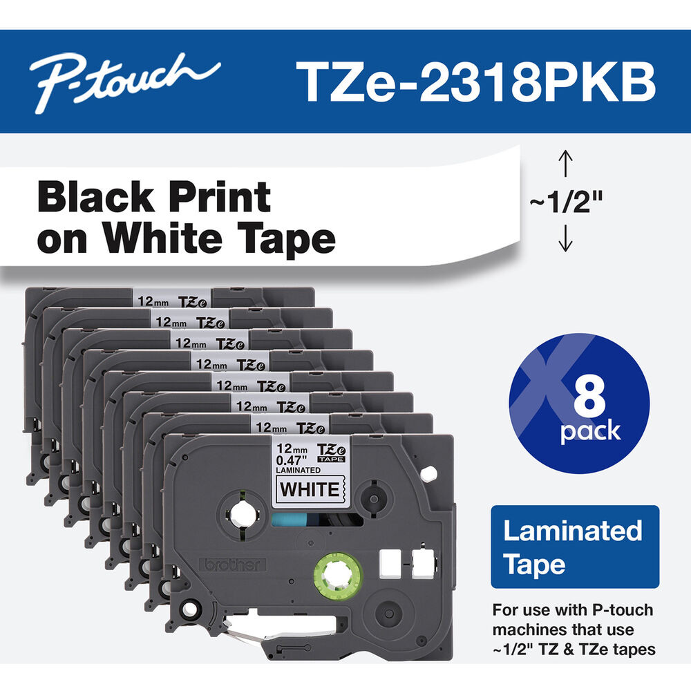 Brother TZe231 Laminated Tape for P-Touch Labelers (Black on White, 1/2" x 26.2', 8-Pack)