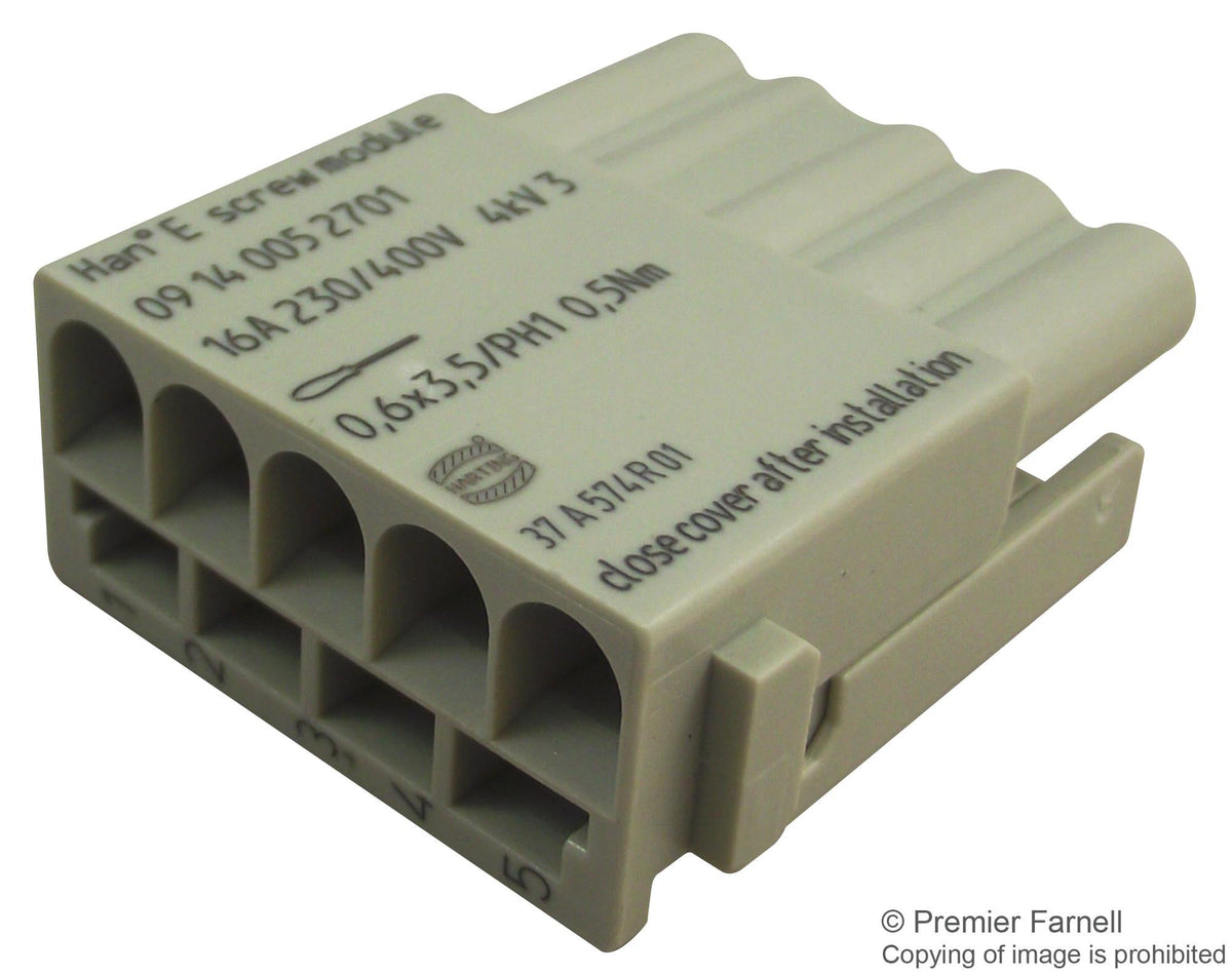 HARTING 09 14 005 2701 Heavy Duty Connector Insert, Han-Modular E Series, Receptacle, 5 Contacts, Screw Socket, 16 A