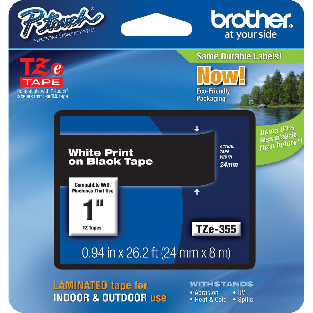 Brother TZe355 Laminated Tape for P-Touch Labelers (White on Black, 0.94" x 26.2')