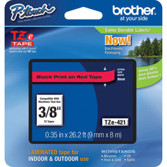 Brother TZe421 Laminated Tape for P-Touch Labelers (Black on Red, 0.35" x 26.2')