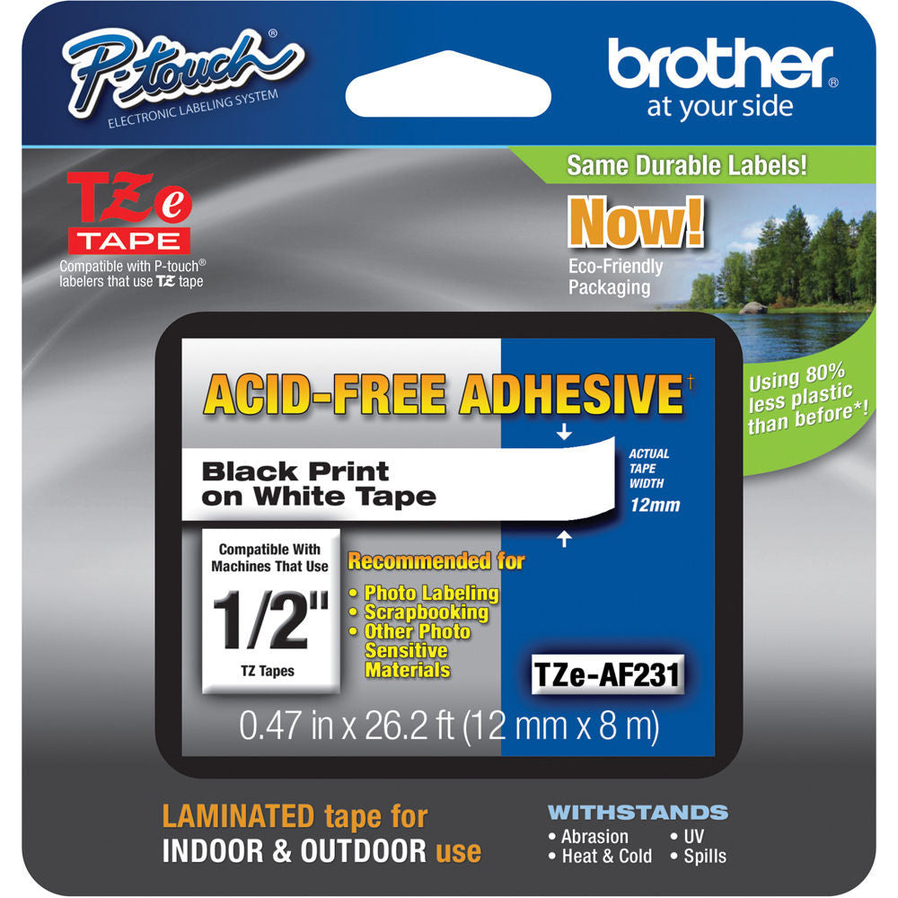 Brother TZeAF231 Acid-Free Tape (Black on White, 0.47" x 26.2')
