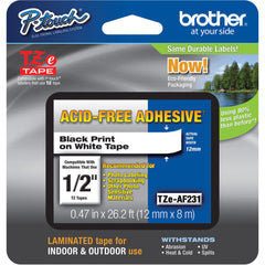 Brother TZeAF231 Acid-Free Tape (Black on White, 0.47" x 26.2')