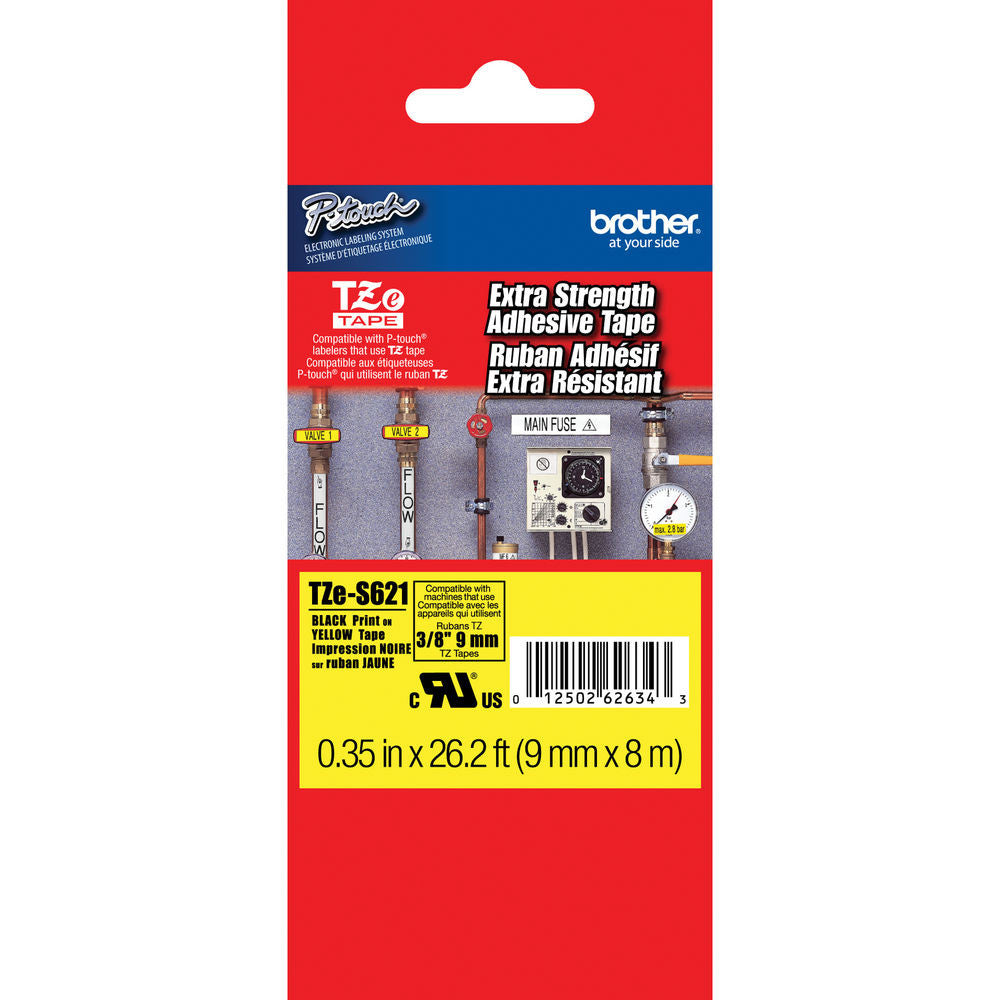 Brother TZeS621 Tape with Extra-Strength Adhesive for P-Touch Labelers (Black on Yellow, 0.35" x 26.2')