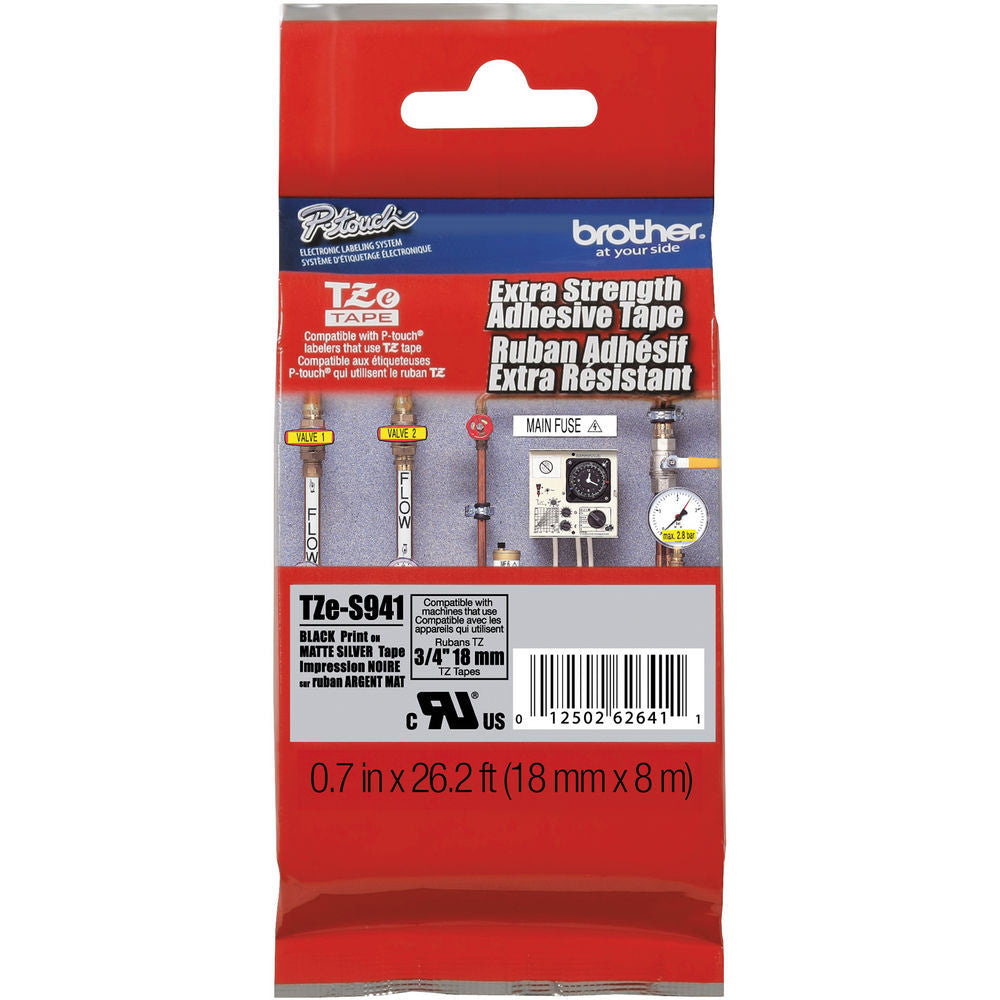 Brother TZeS941 Tape with Extra-Strength Adhesive for P-Touch Labelers (Black on Matte Silver, 0.7" x 26.2')