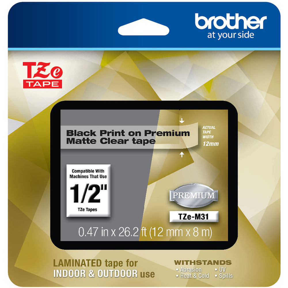 Brother TZe-M31 Laminated Tape for P-Touch Label Makers (Black on Matte Clear, 0.47" x 26.2')