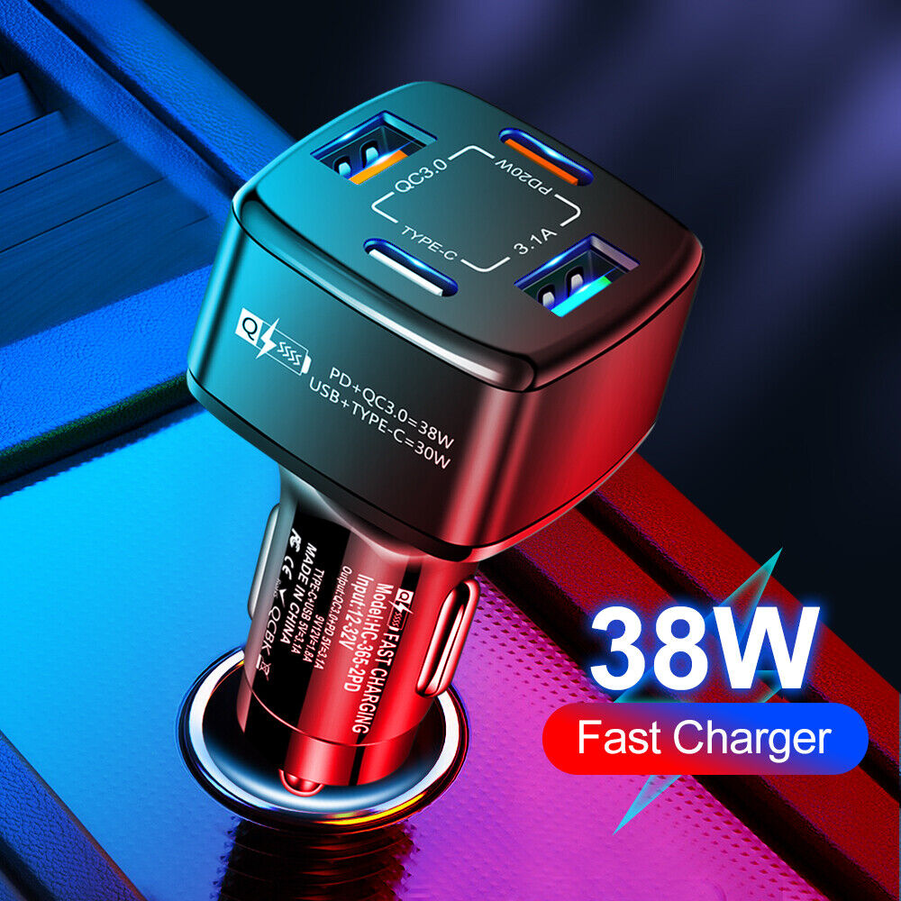 #A 4 in 1 Dual USB Type-C PD 38W Car Charger Auto Fast Charging for Mobile Phone