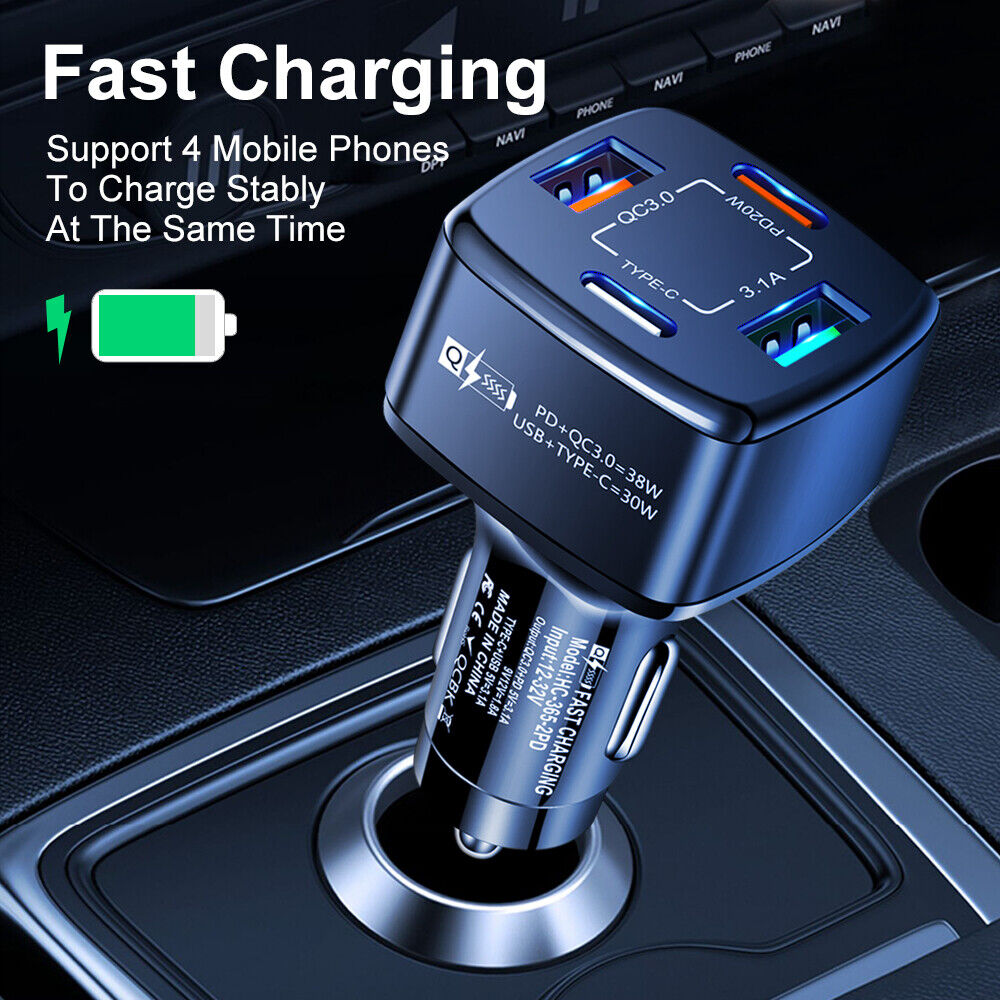 #A 4 in 1 Dual USB Type-C PD 38W Car Charger Auto Fast Charging for Mobile Phone