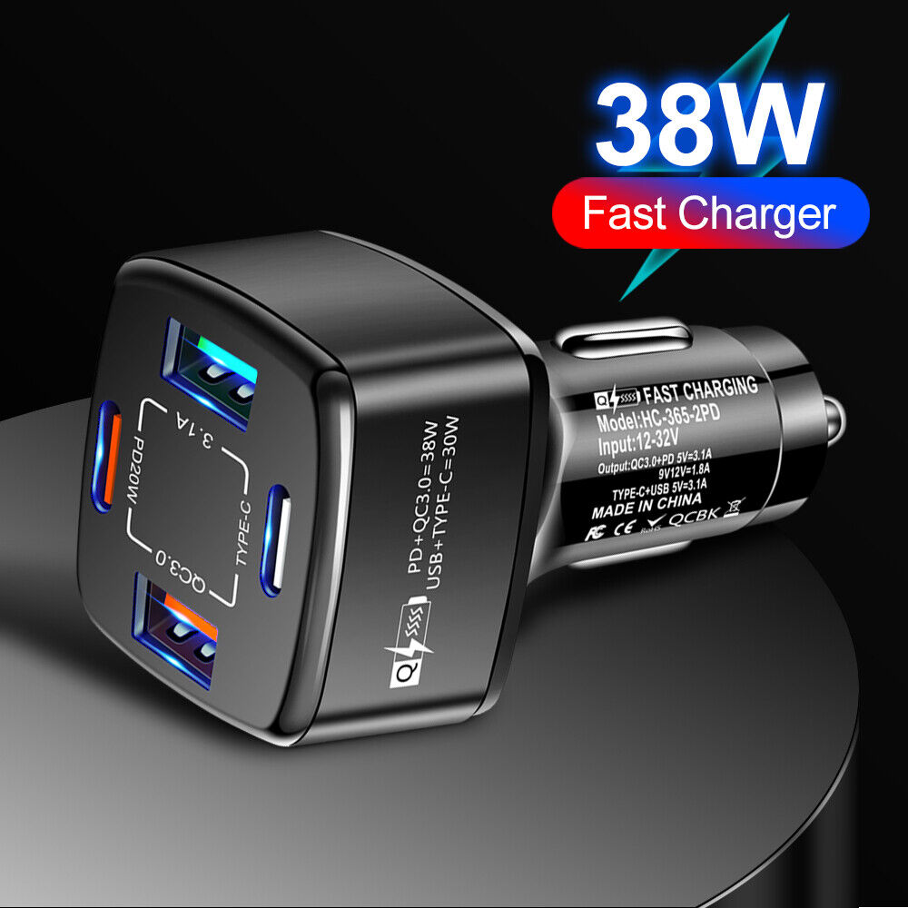 #A 4 in 1 Dual USB Type-C PD 38W Car Charger Auto Fast Charging for Mobile Phone