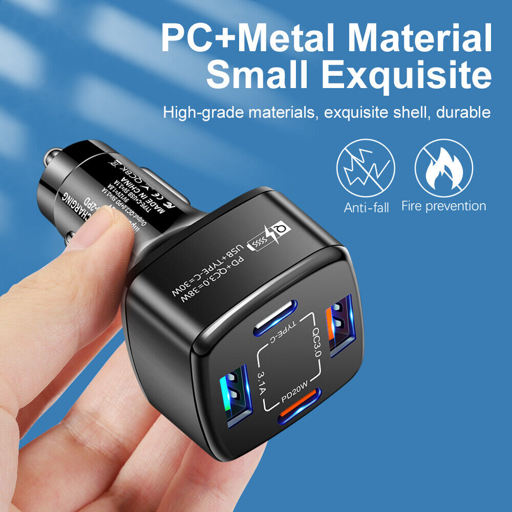 #A 4 in 1 Dual USB Type-C PD 38W Car Charger Auto Fast Charging for Mobile Phone