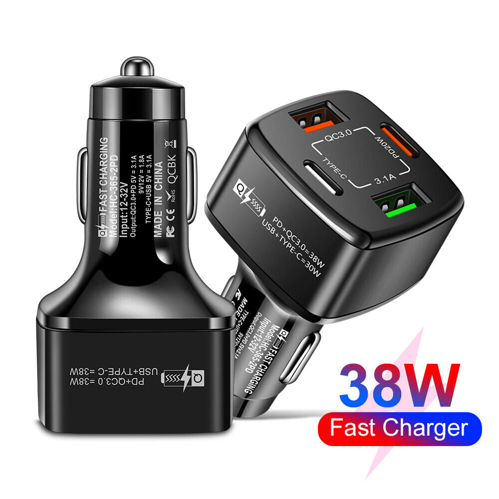 #A 4 in 1 Dual USB Type-C PD 38W Car Charger Auto Fast Charging for Mobile Phone