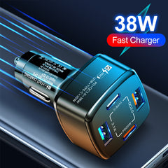 #A 4 in 1 Dual USB Type-C PD 38W Car Charger Auto Fast Charging for Mobile Phone